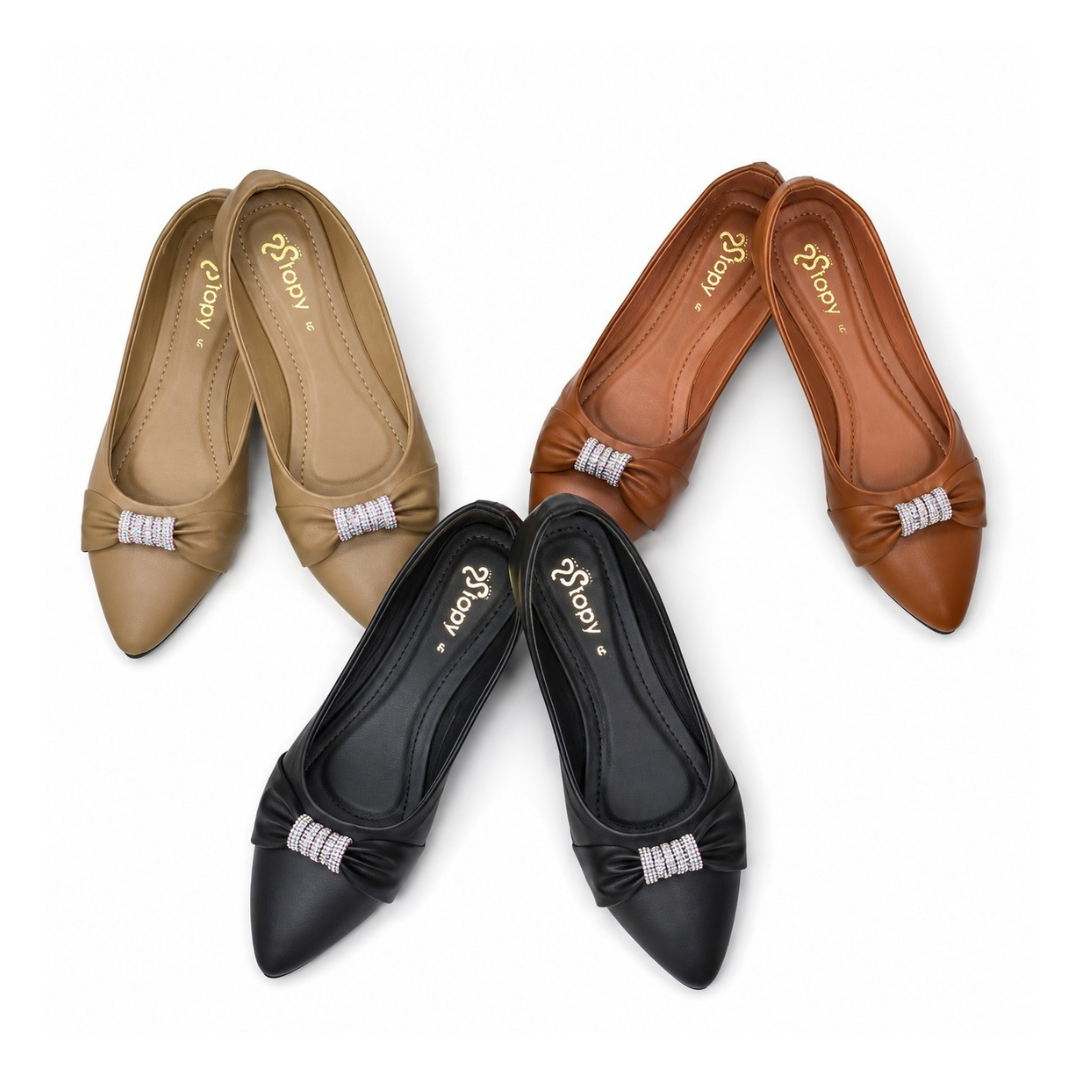 Stopy Women Rhinestone Bow Pointed Flat Pumps